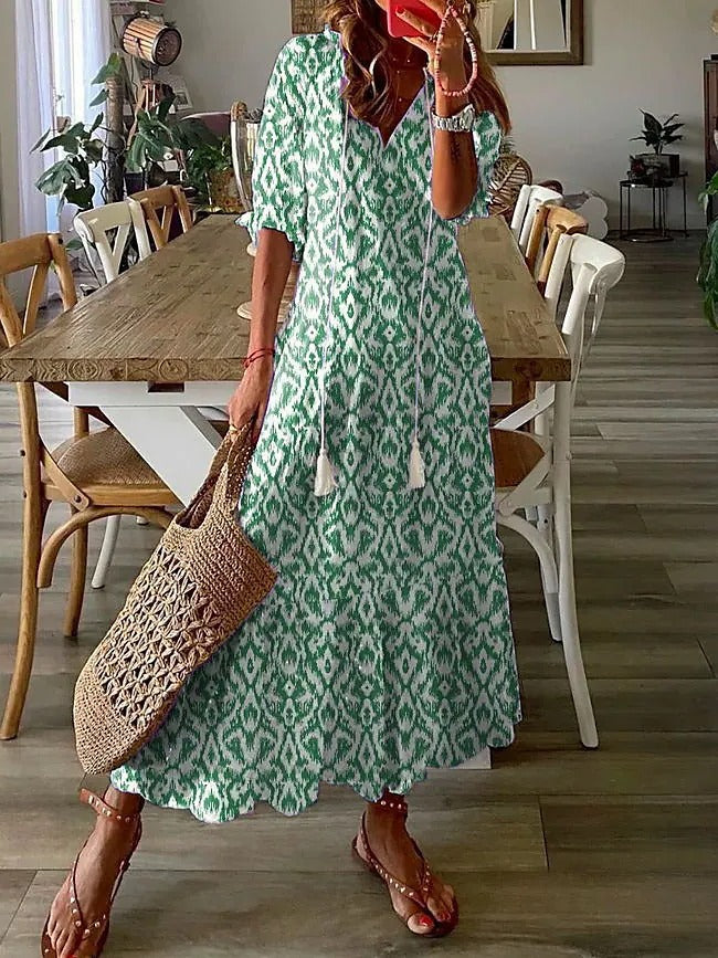 V Neck Tie Printed Resort Maxi Dress