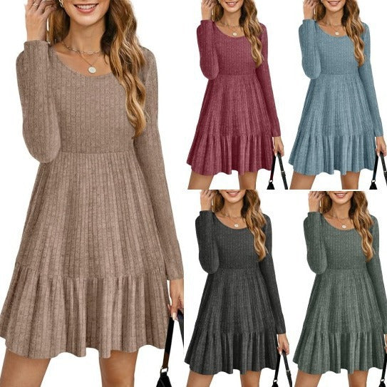 Women's striped round neck knitted sweater dress