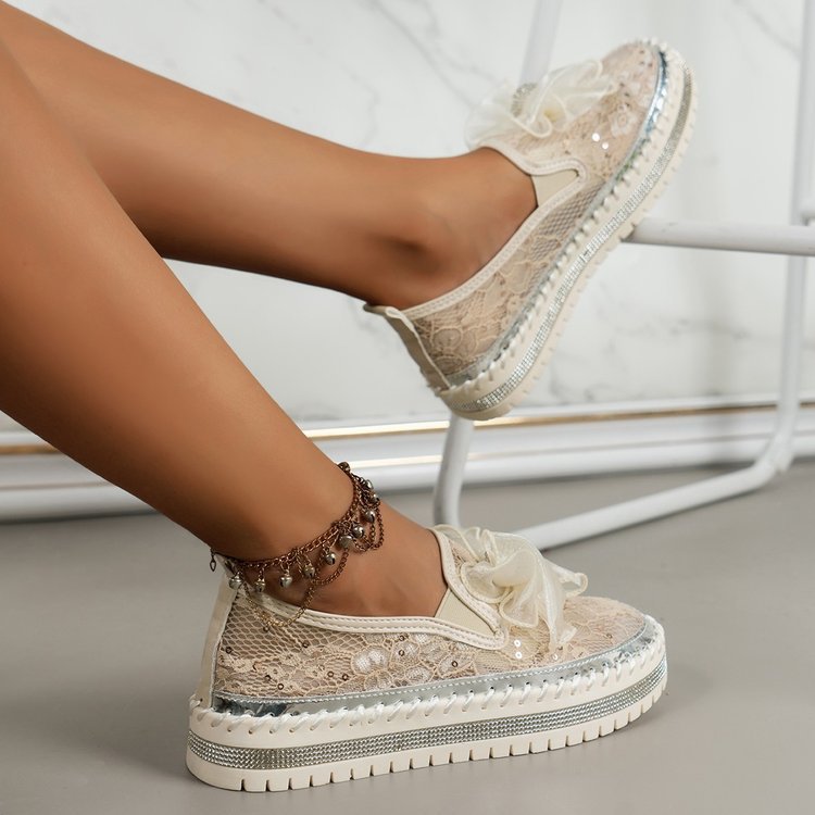 Ribbon Tie Stitch Detail Lace Flat Shoes