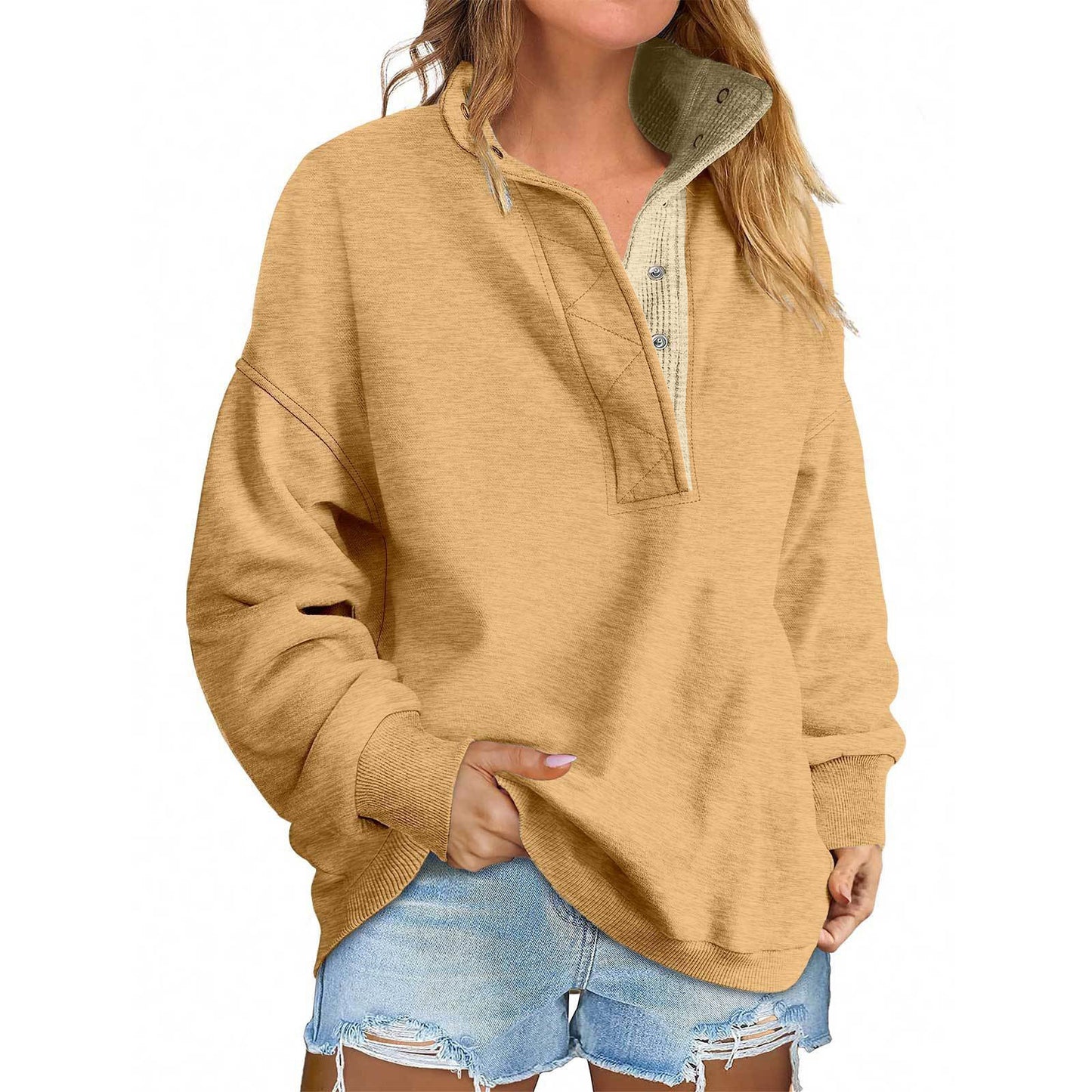 Solid Color New Loose Button Pullover Sweatshirt