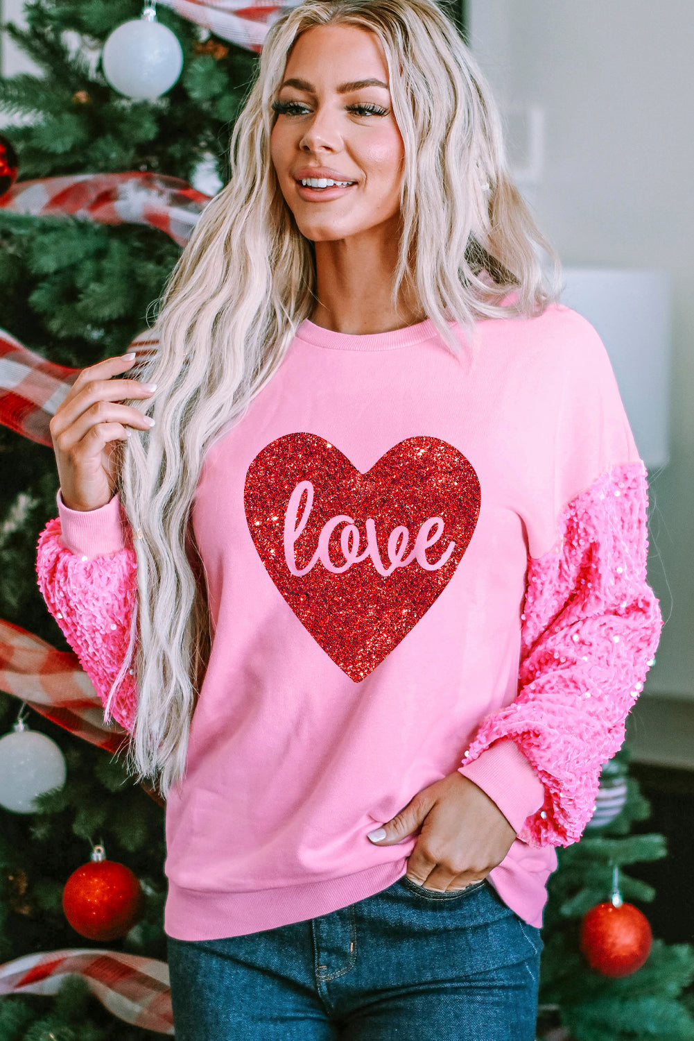 Heart Shape love Print Sequined Sleeve Top
