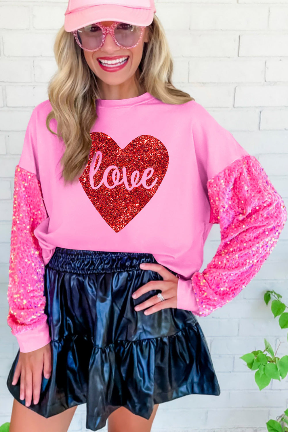 Heart Shape love Print Sequined Sleeve Top