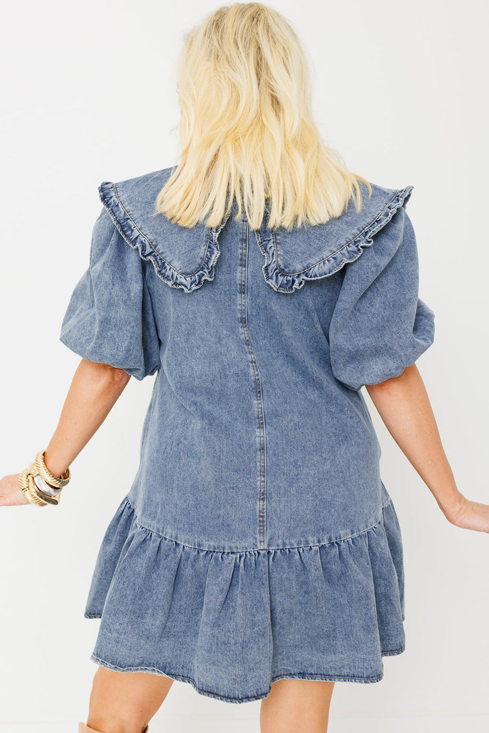 Ruffled Collared Side Pockets Puff Sleeve Denim Mini Dress