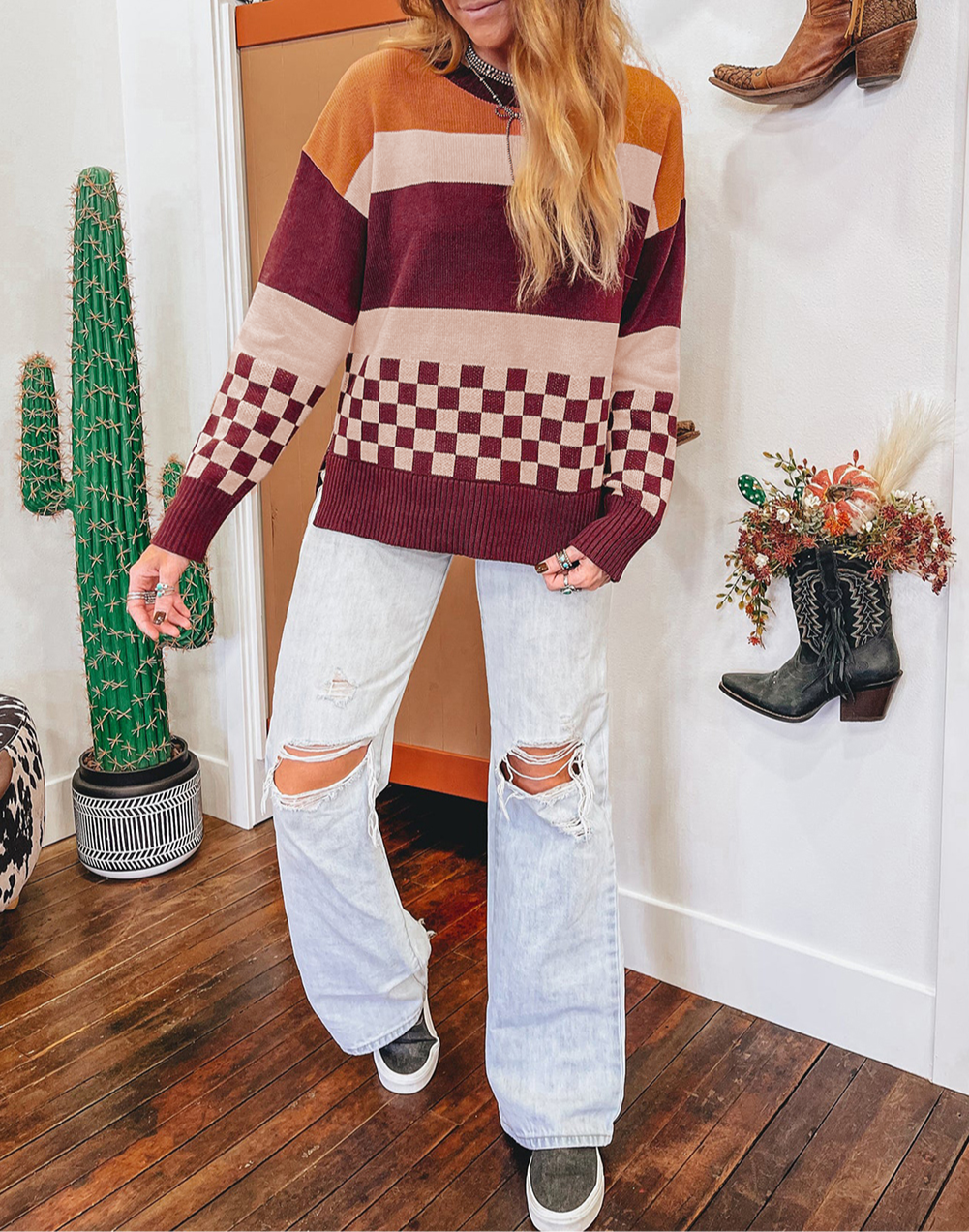 Block Knitted Drop Shoulder Sweater