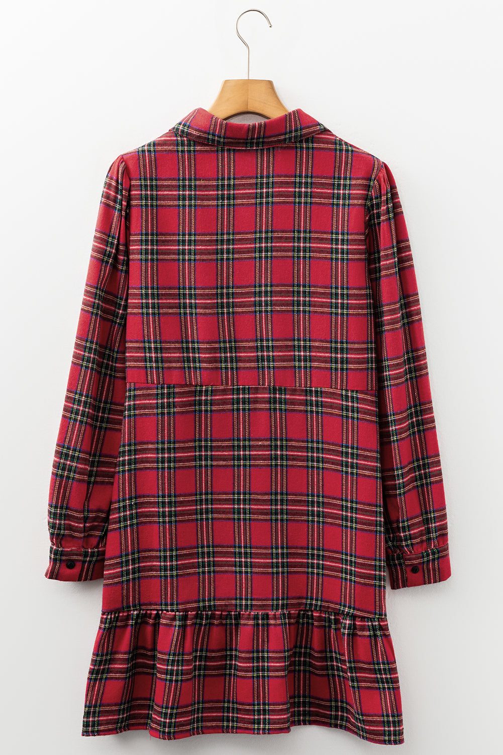 Plaid Shirt Collar Half Button Ruffle Hem Long Sleeve Mini Dress