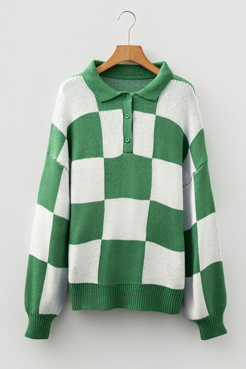 Checkered Pattern Polo Collar Loose Sweater