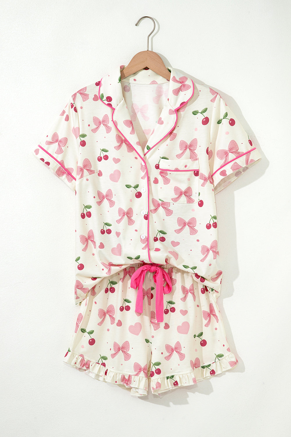 Floral Print Contrast Pipping Short Pajamas Set