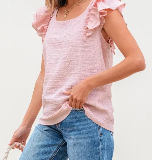 Pink Textured Bow Knot Frilled Butterfly Sleeve Blouse