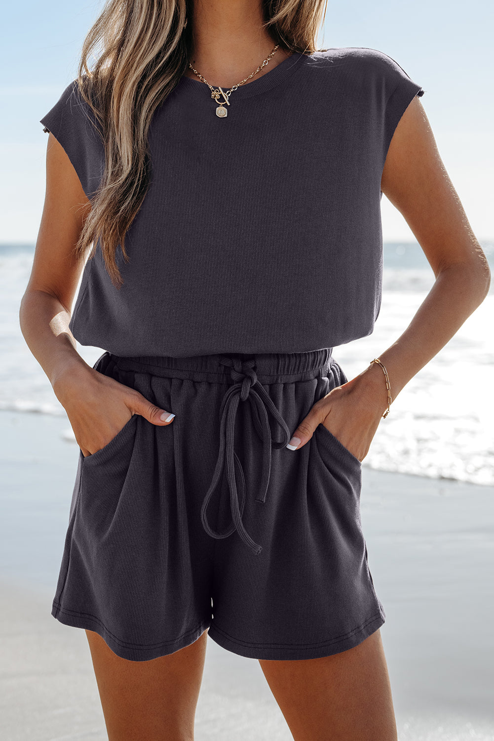 Open Back Cap Sleeve Drawstring Romper