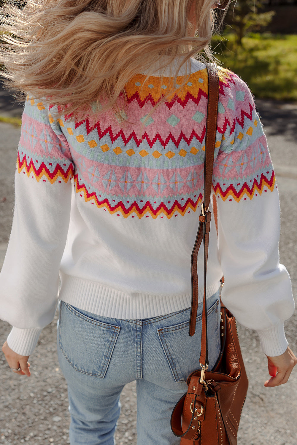 Ethnic Geometric Colorblock Print Drop Shoulder Sweater