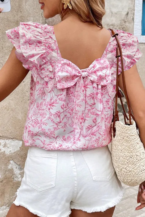 Pink Textured Bow Knot Frilled Butterfly Sleeve Blouse