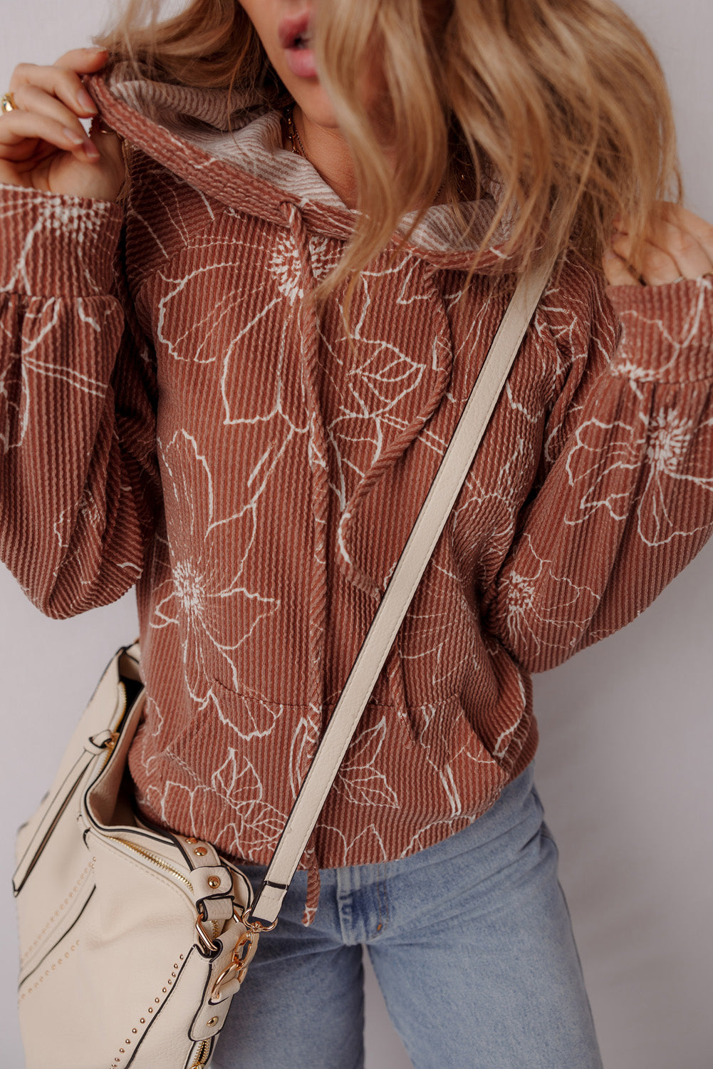 Floral Twisted Rib Drawstring Kangaroo Pocket Hoodie