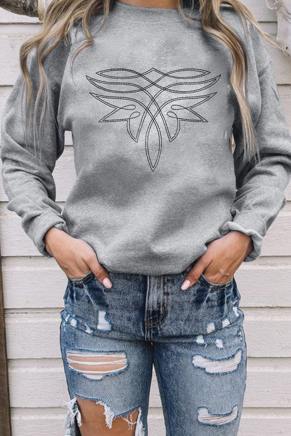 Western Pattern Embroidered Drop Shoulder Pullover Top