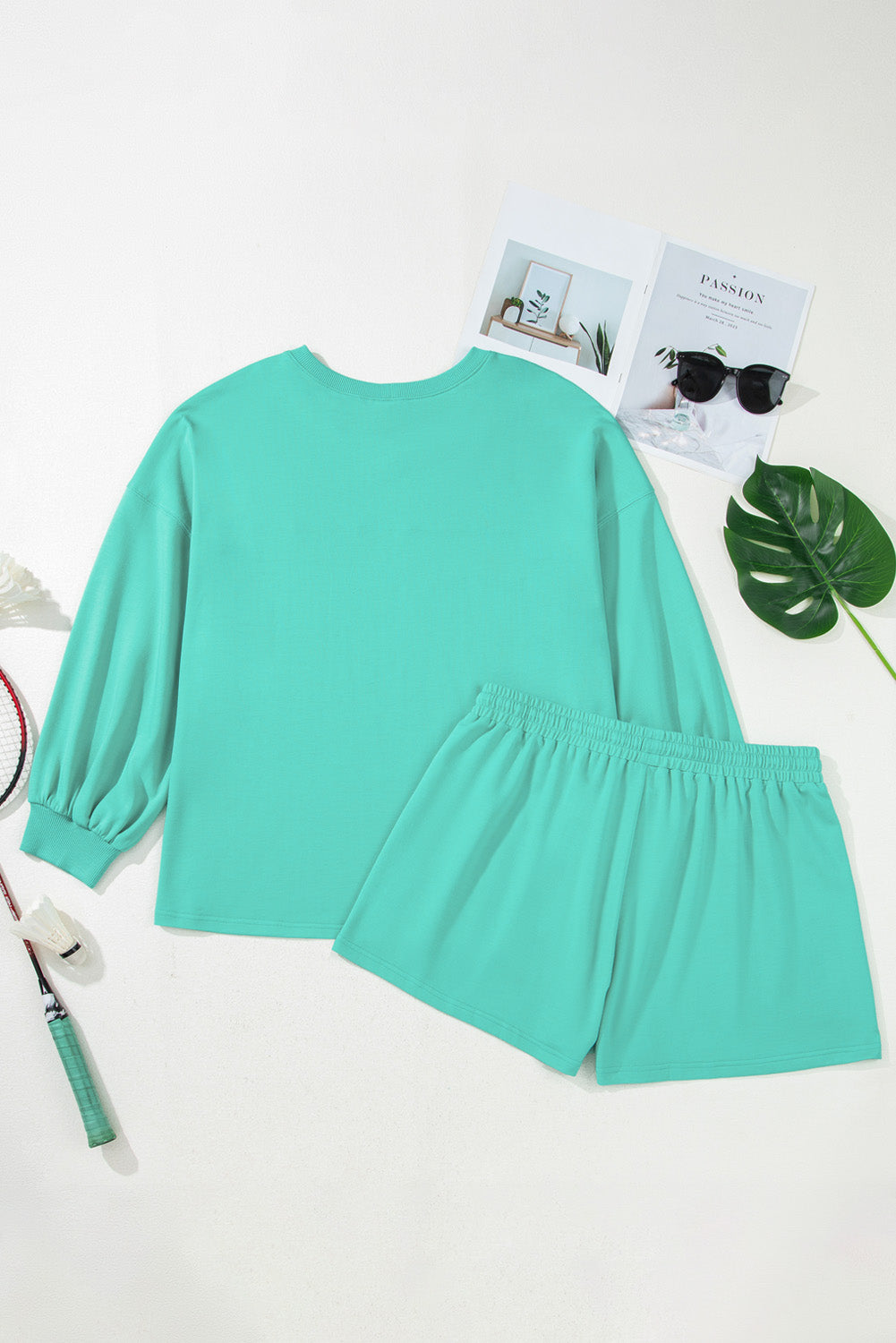 V Neck Pullover Top and Drawstring Short Plus Size Set