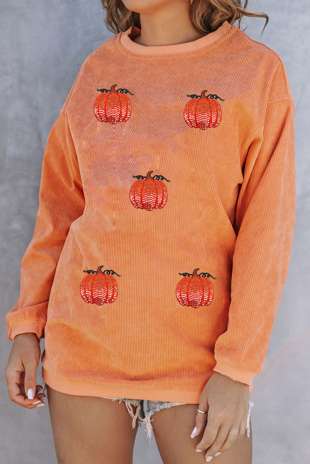 Sequin Pumpkin Patched Twisted Rib Baggy Sweatshirt