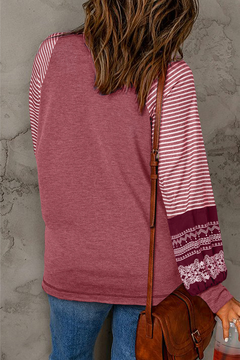 Contrast Print Striped Raglan Long Sleeve Loose Top
