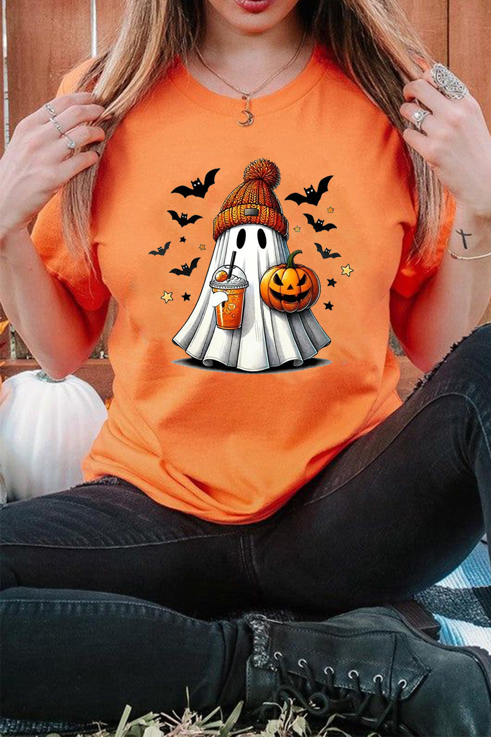 Playful Halloween Ghost Pumpkin Print Womens Casual Tee
