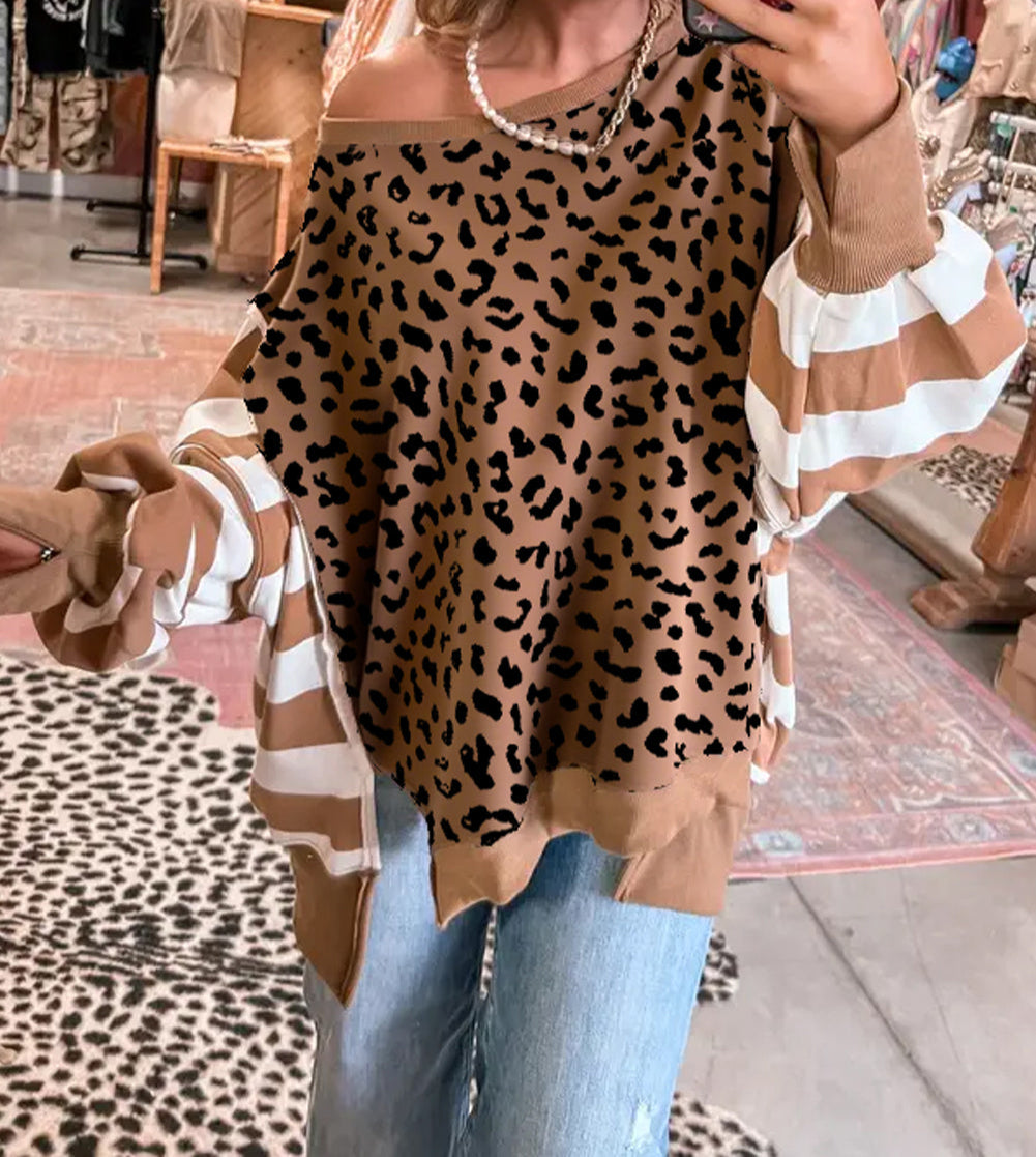 Block Patchwork Leopard Casual Sweatshirt with Slits