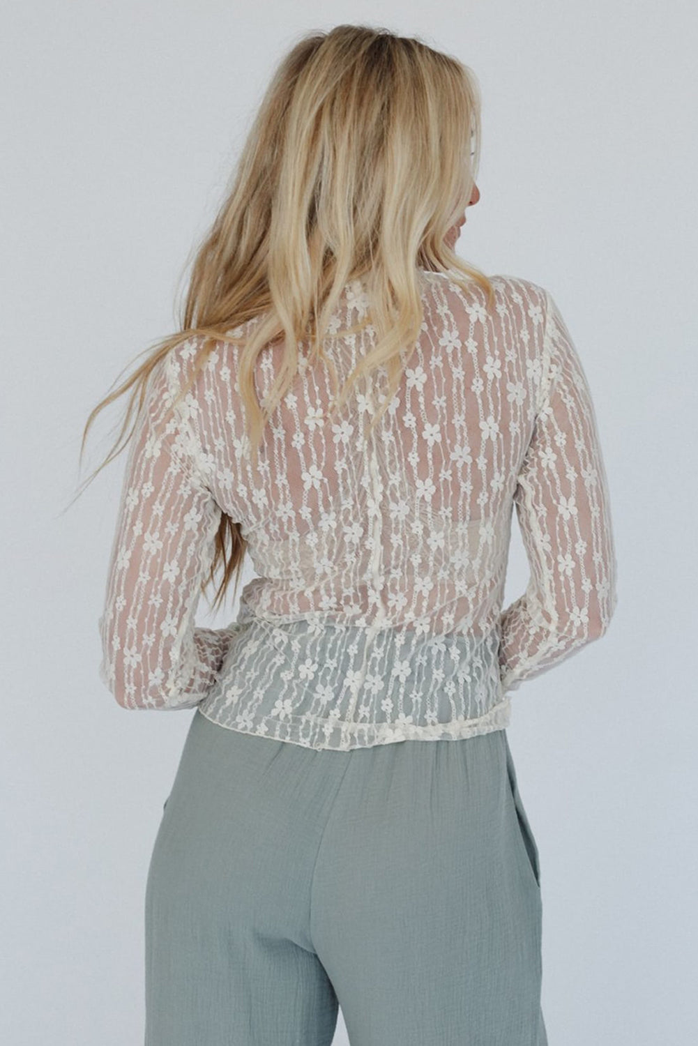 Sheer Floral Lace Long Sleeve Slim Fit Top