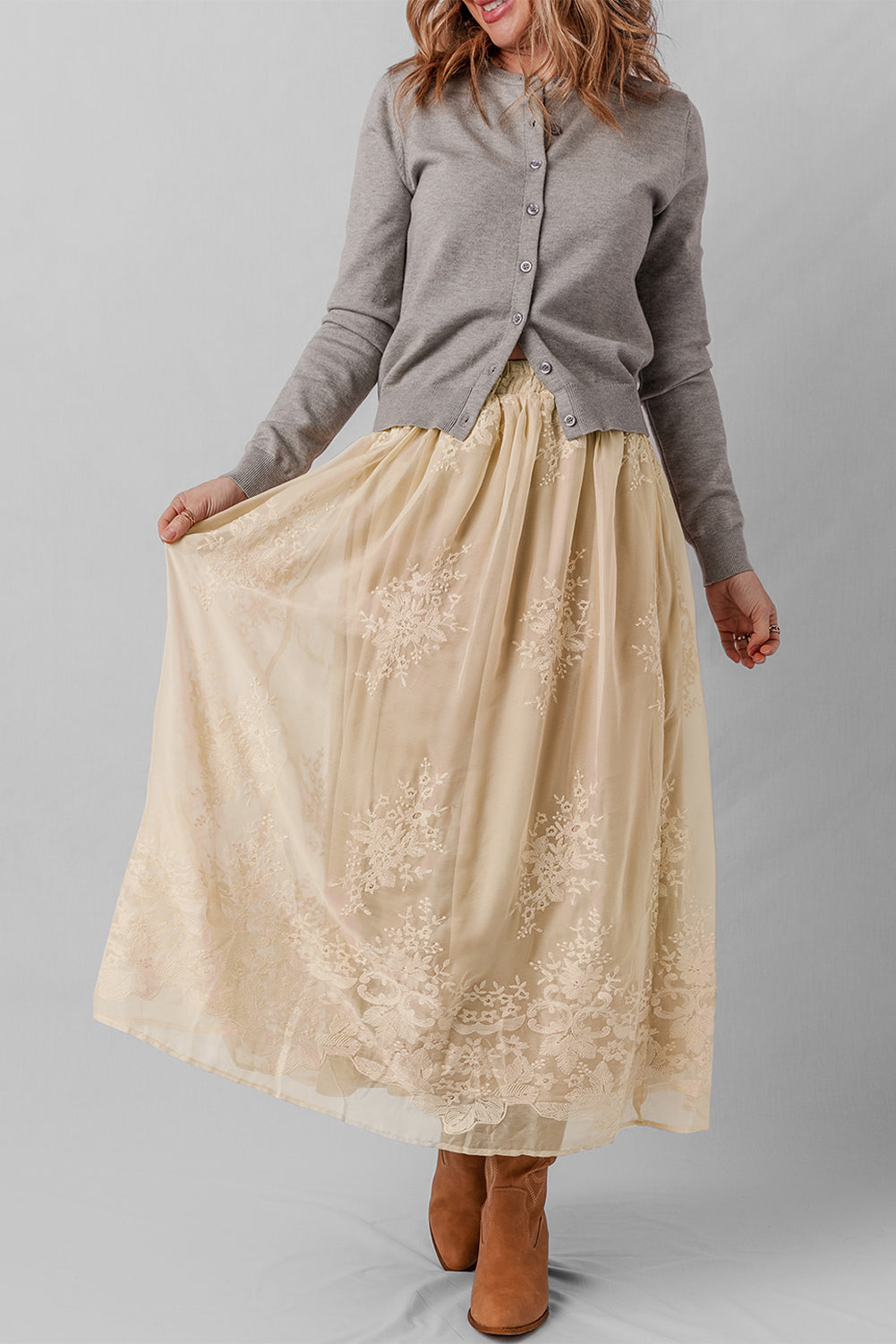 Embroidered Mesh Overlay Flowy Long Skirt