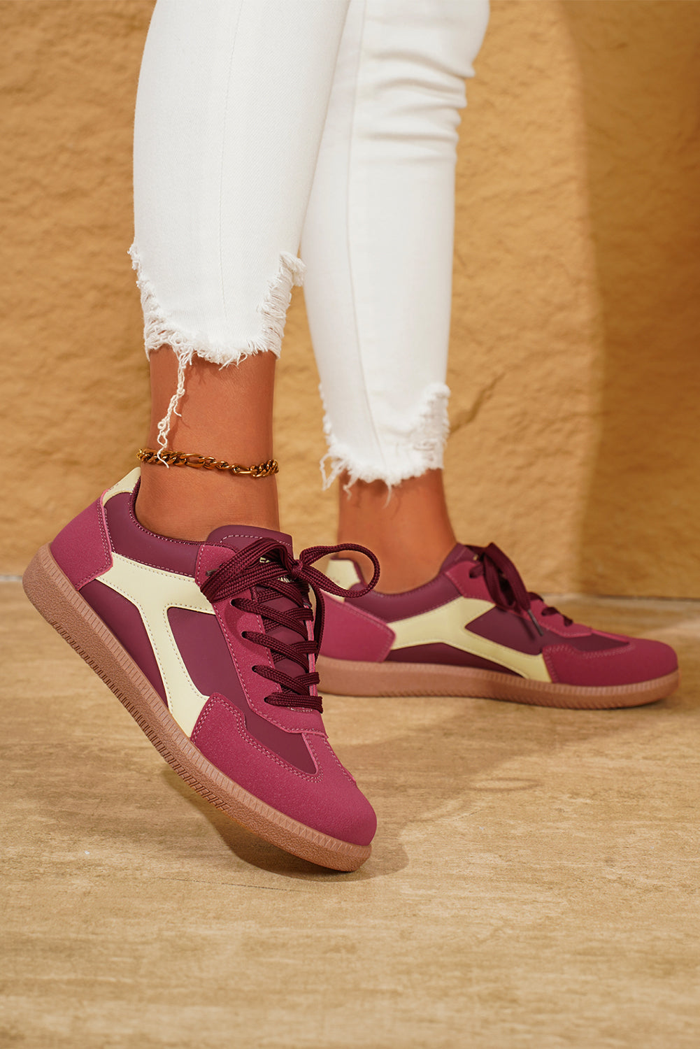 PU Leather Stitched Color Block Casual Lace-Up Sneakers