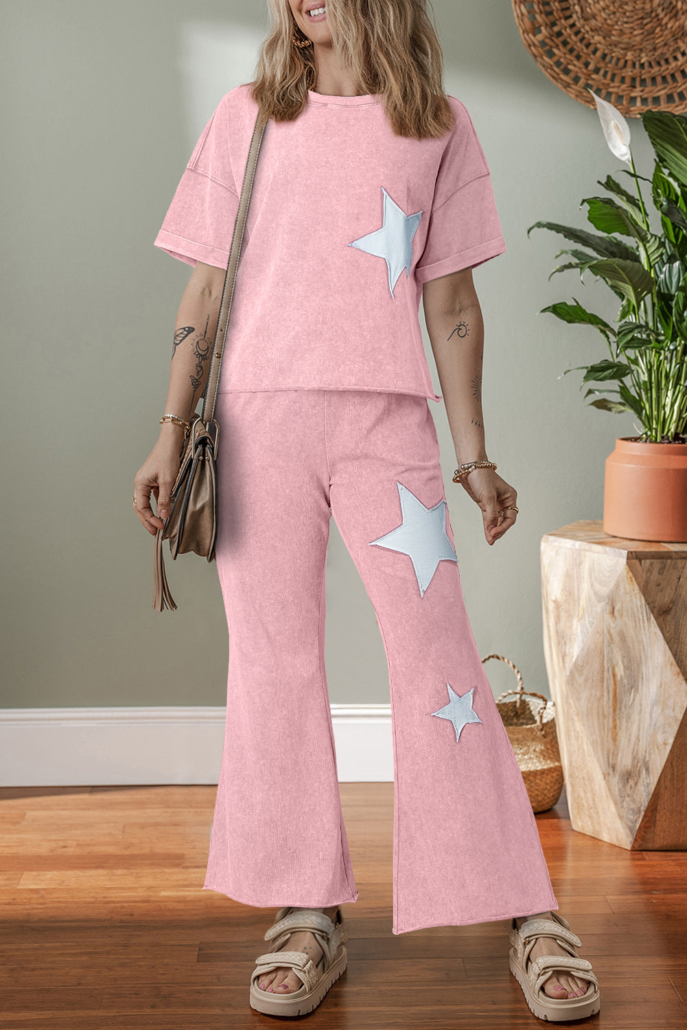 Floral Patch Exposed Seam Raw Edge Pants Set