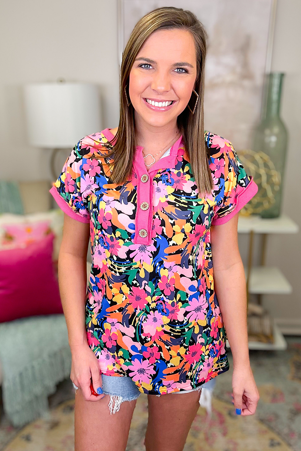 Plus Size Floral Contrast Edge Henley Top