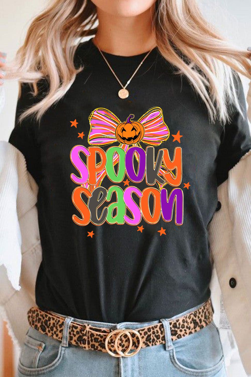 SPOOKY SEASON Halloween Pumpkin Bow Print T Shirt
