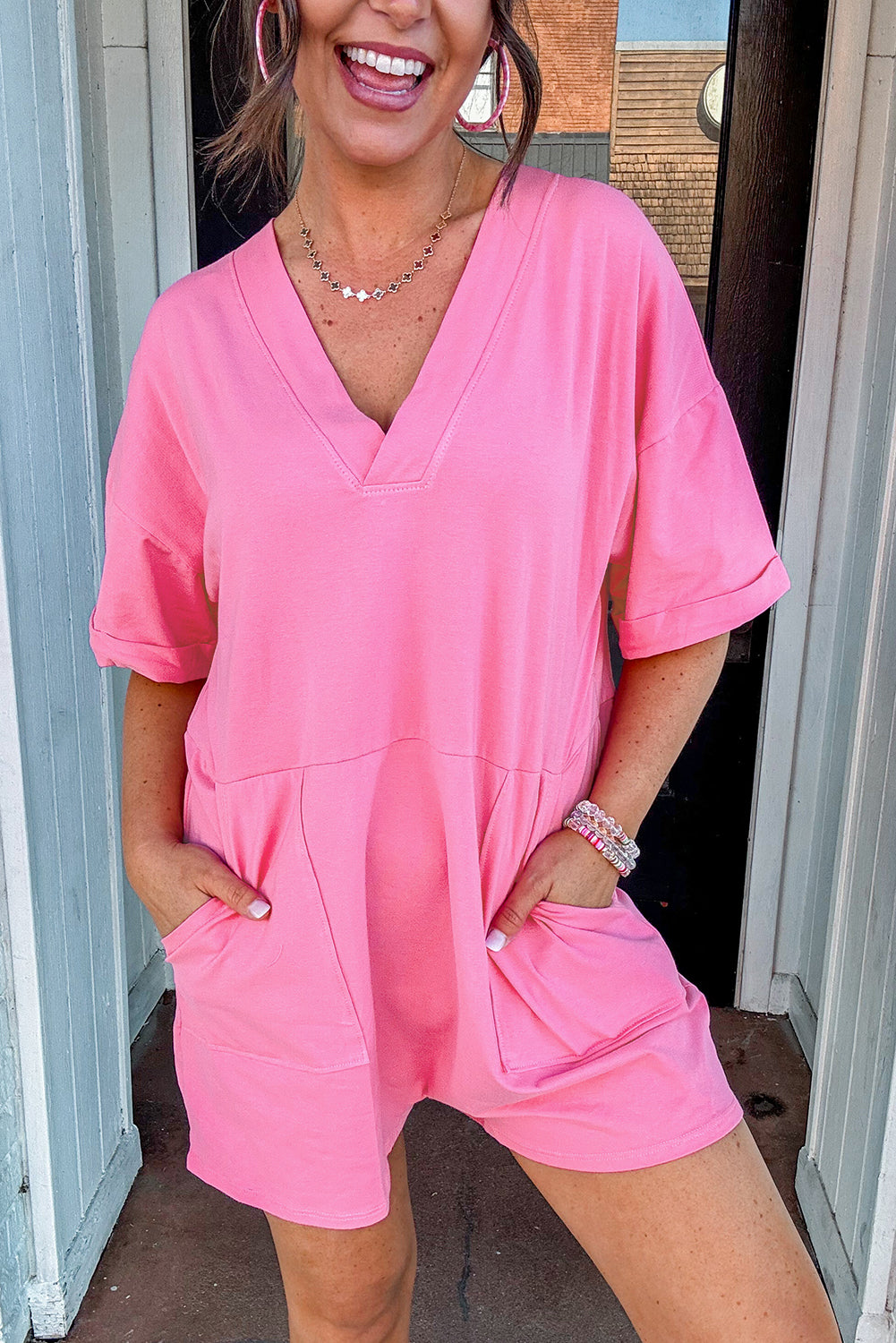 Half Sleeve V Neck Knit Romper