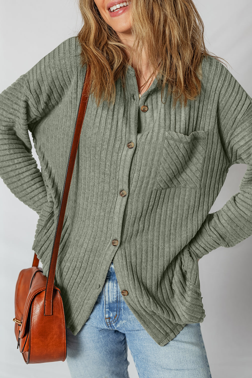 Thermal Ribbed Texture Drop Shoulder Button Up Shacket