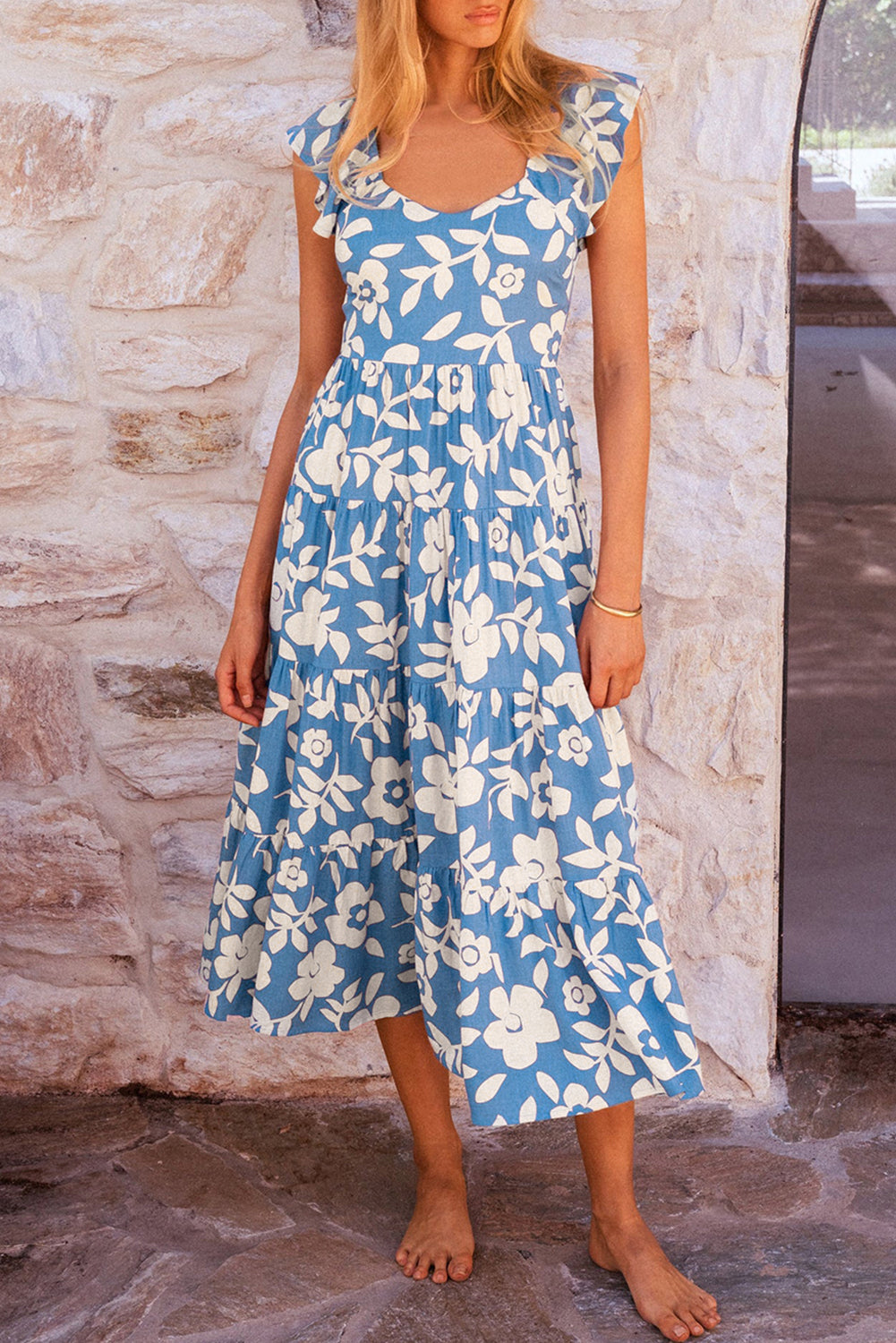Floral U Neck Flutter Shoulder Tiered Flowy Midi Dress