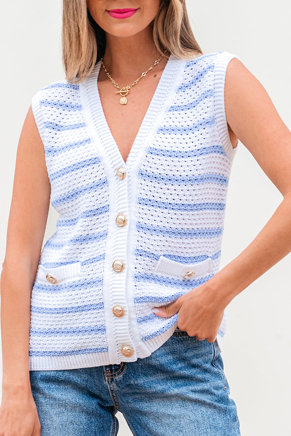 Stripe V Neck Gold Buttons Elegant Sweater Vest