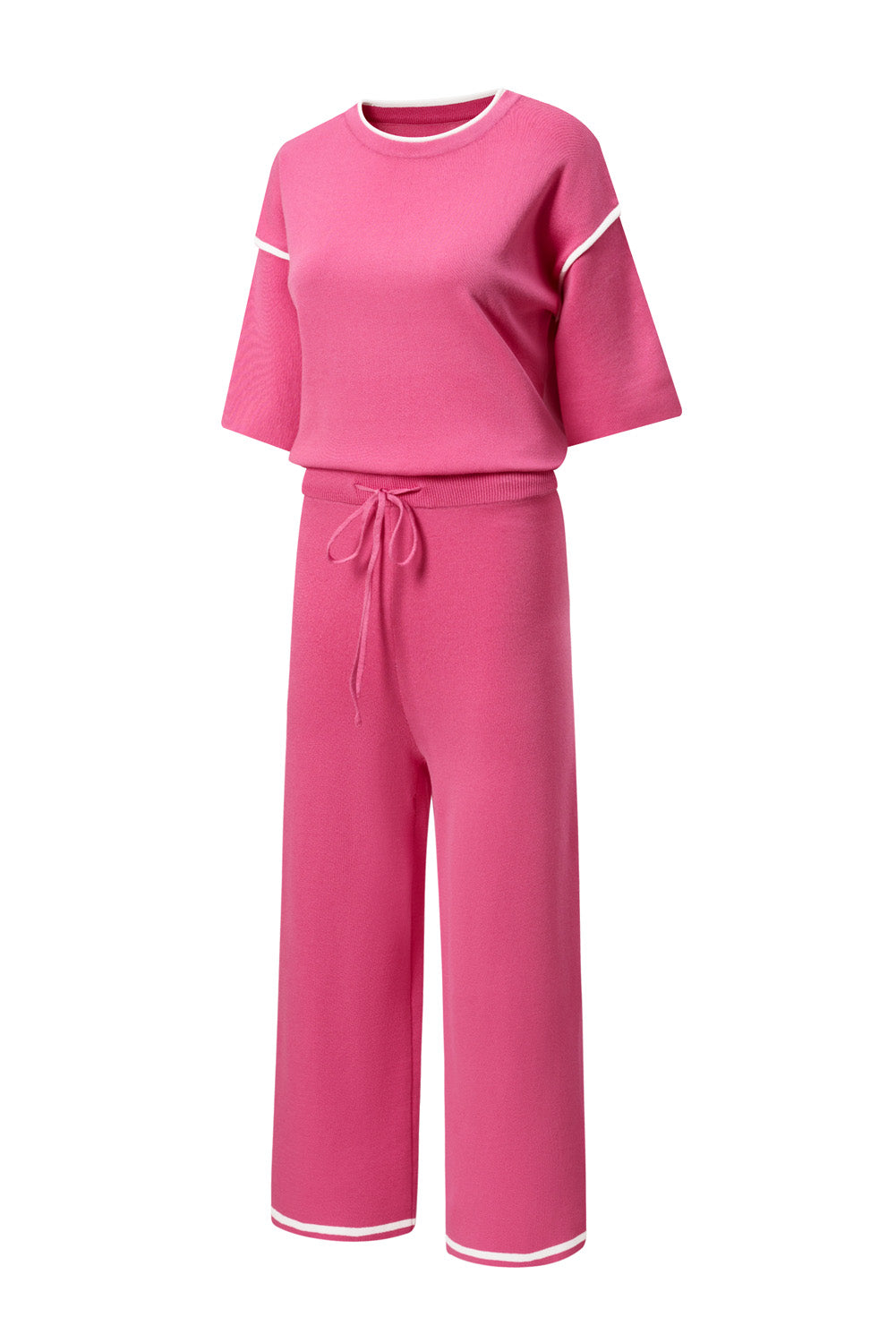 Contrast Trim Half Sleeve Top Drawstring Pants Loose 2pcs Sweater Suit