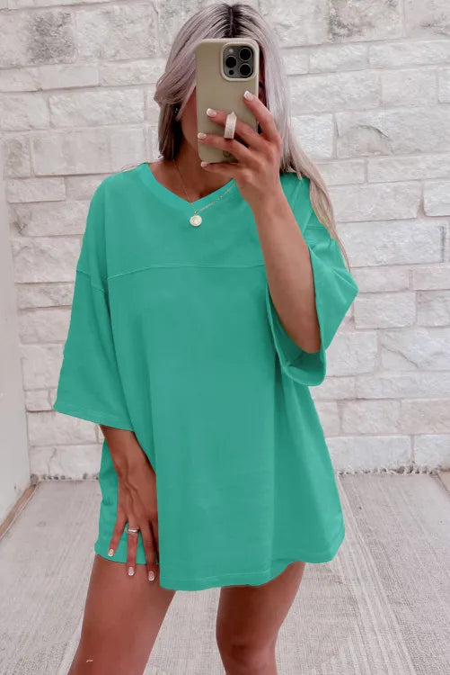 Meadow Mist Green Solid Loose V Neck Half Sleeve Tee and Shorts
