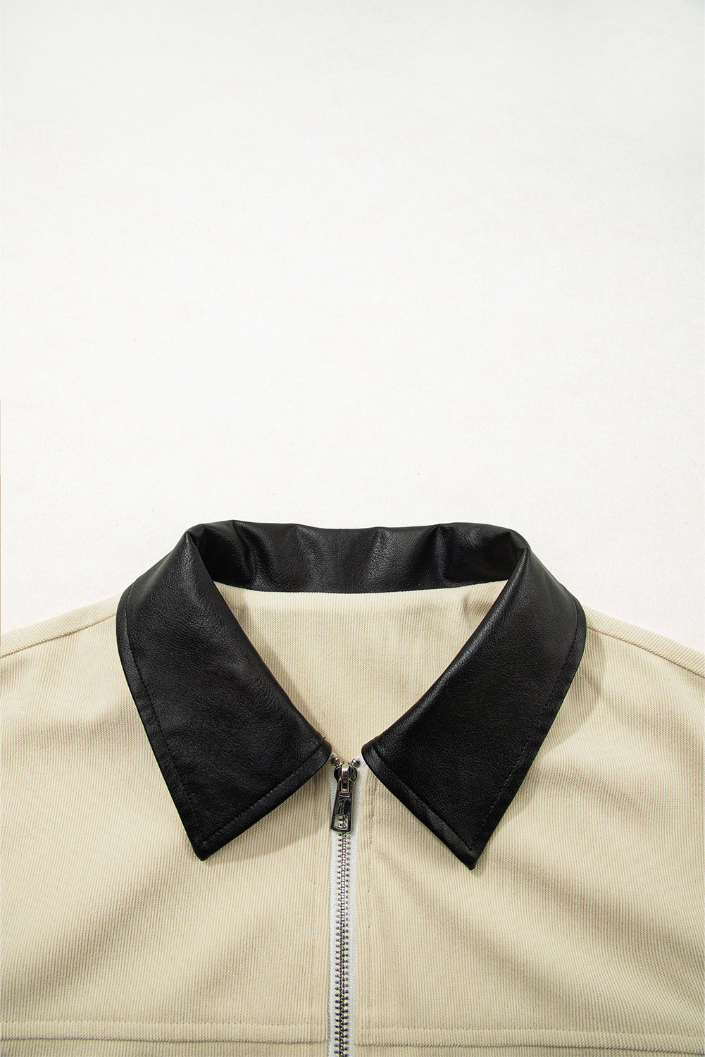 Contrast Leather Collar Textured Zip Up Jacket