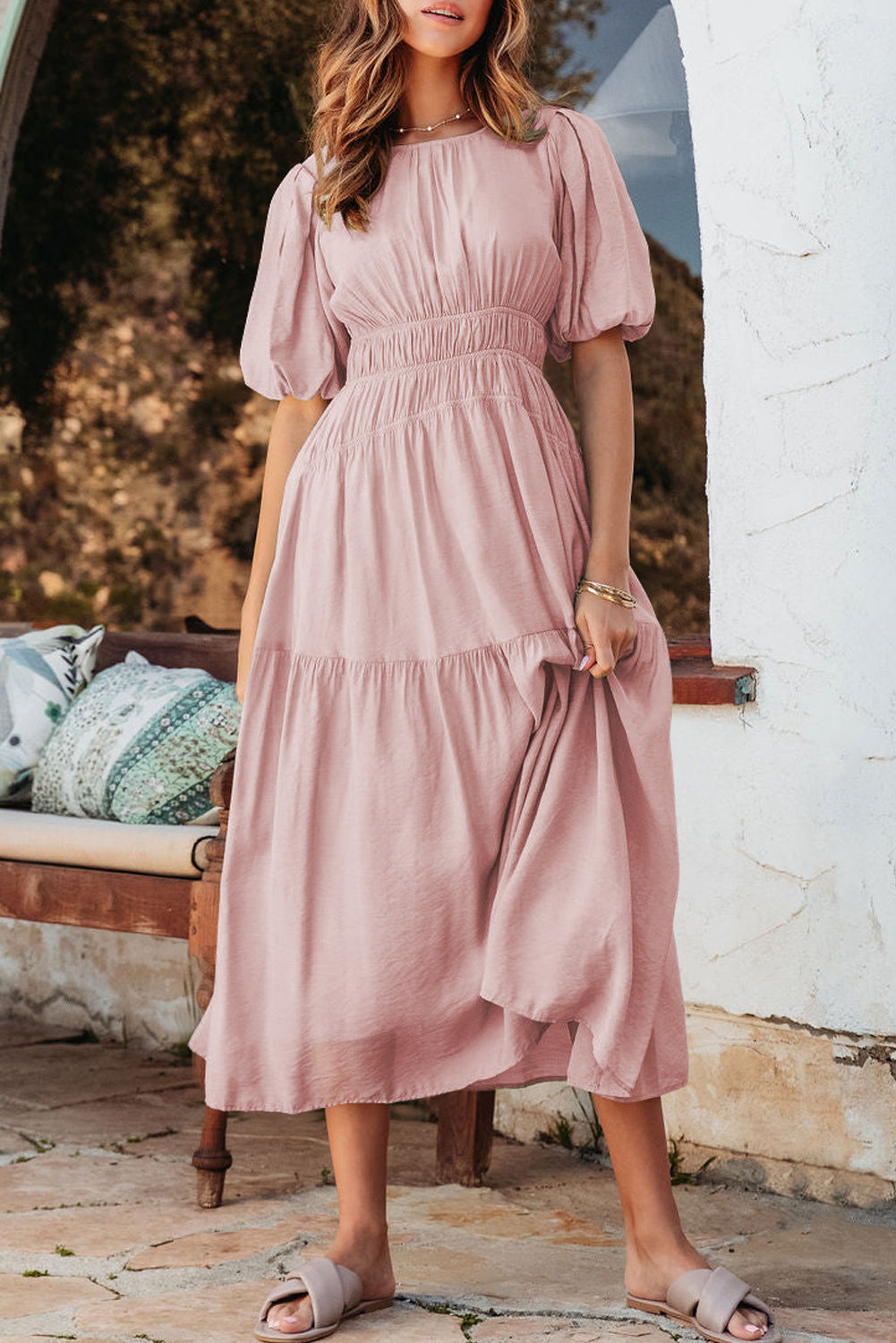 Puff Sleeve Pleated High Waist Flowy Midi Dress