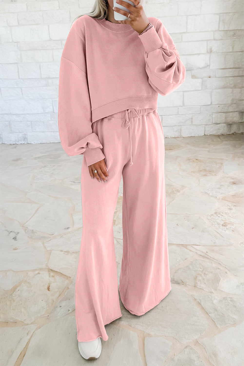 Drop Shoulder Puff Sleeve Crop Pullover Drawstring Wide Leg Pants Set