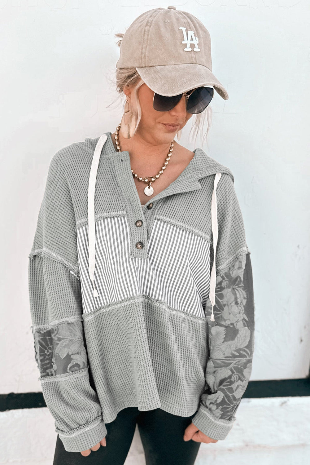 Waffle Printed Patchwork Drawstring Hooded Long Sleeve Top