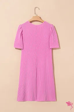 Corded Knit Crew Neck Puff Sleeve Shift Mini Dress