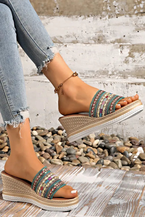 Woven Band PU Leather Wedge Slippers