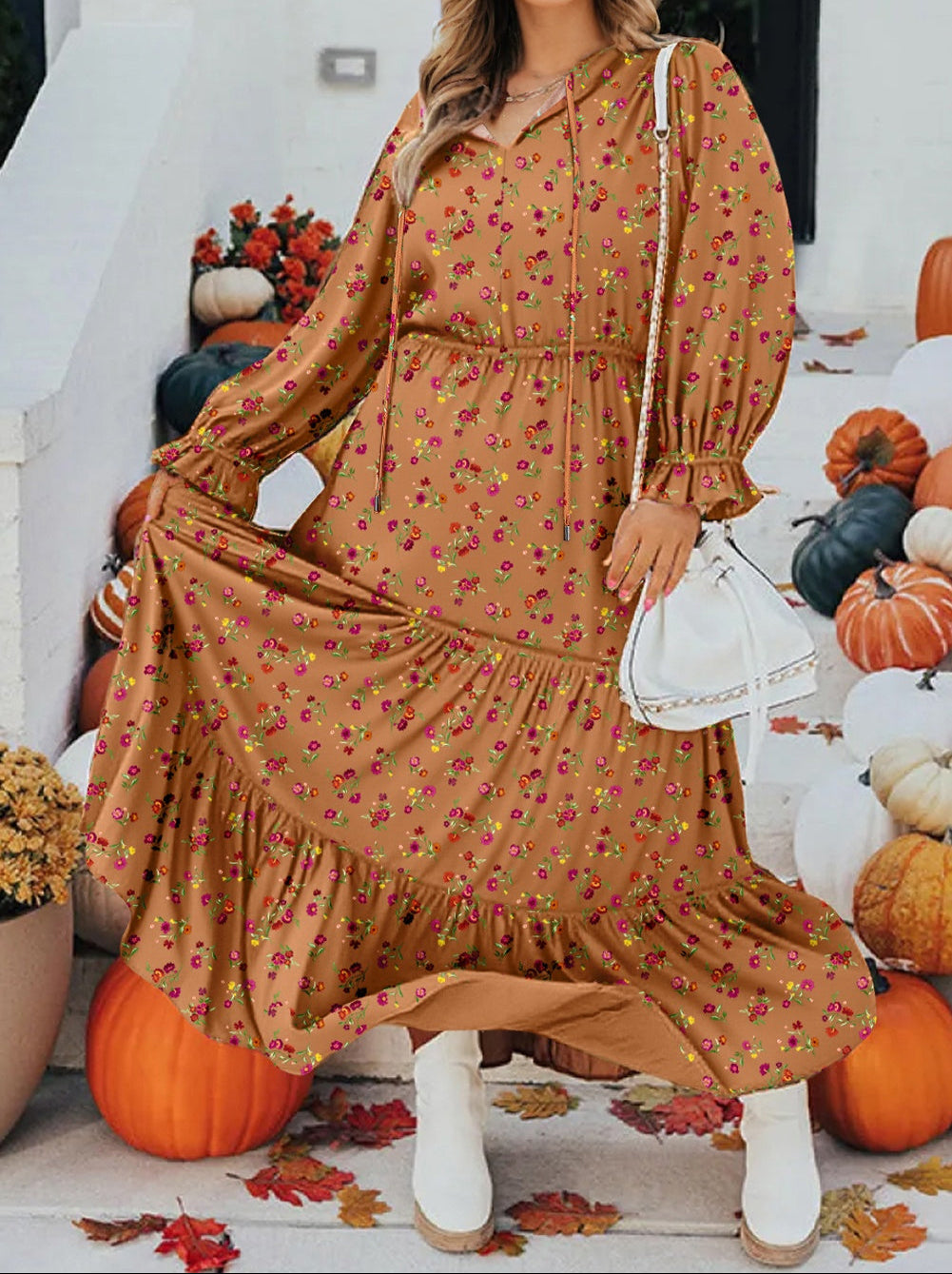 Plus Size Floral Split V Neck Ruffled Sleeve Tiered Maxi Dress