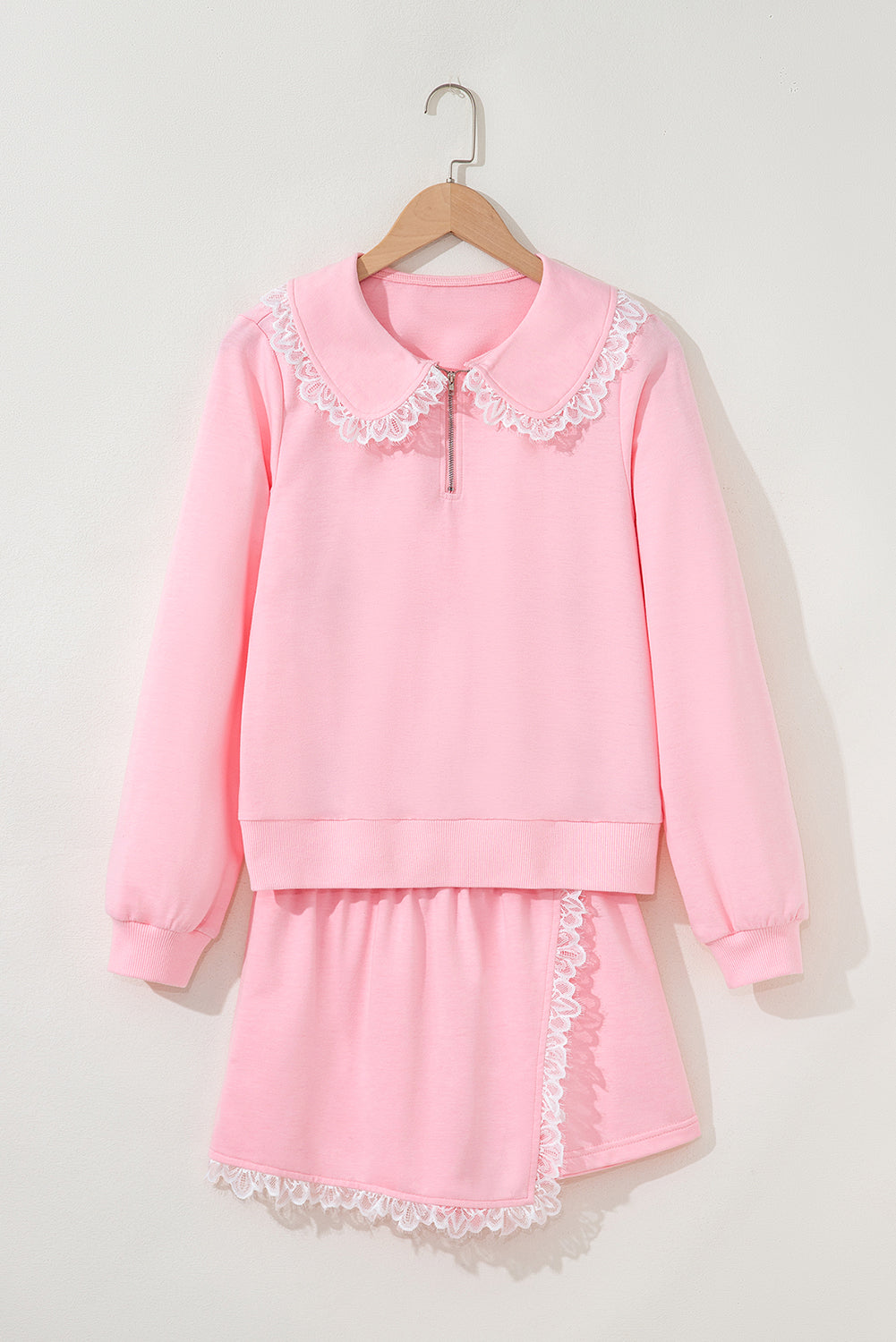 Peter Pan Lace Embellished Neck Collision Sweatshirt and Skirt Two Piece Set