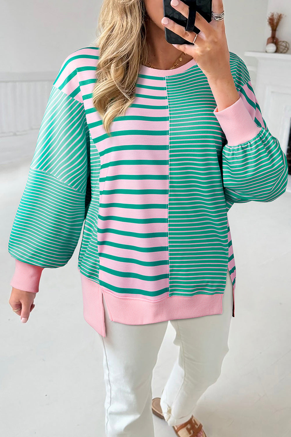Mix Pattern Color Block Patchwork Side Slit Baggy Sweatshirt