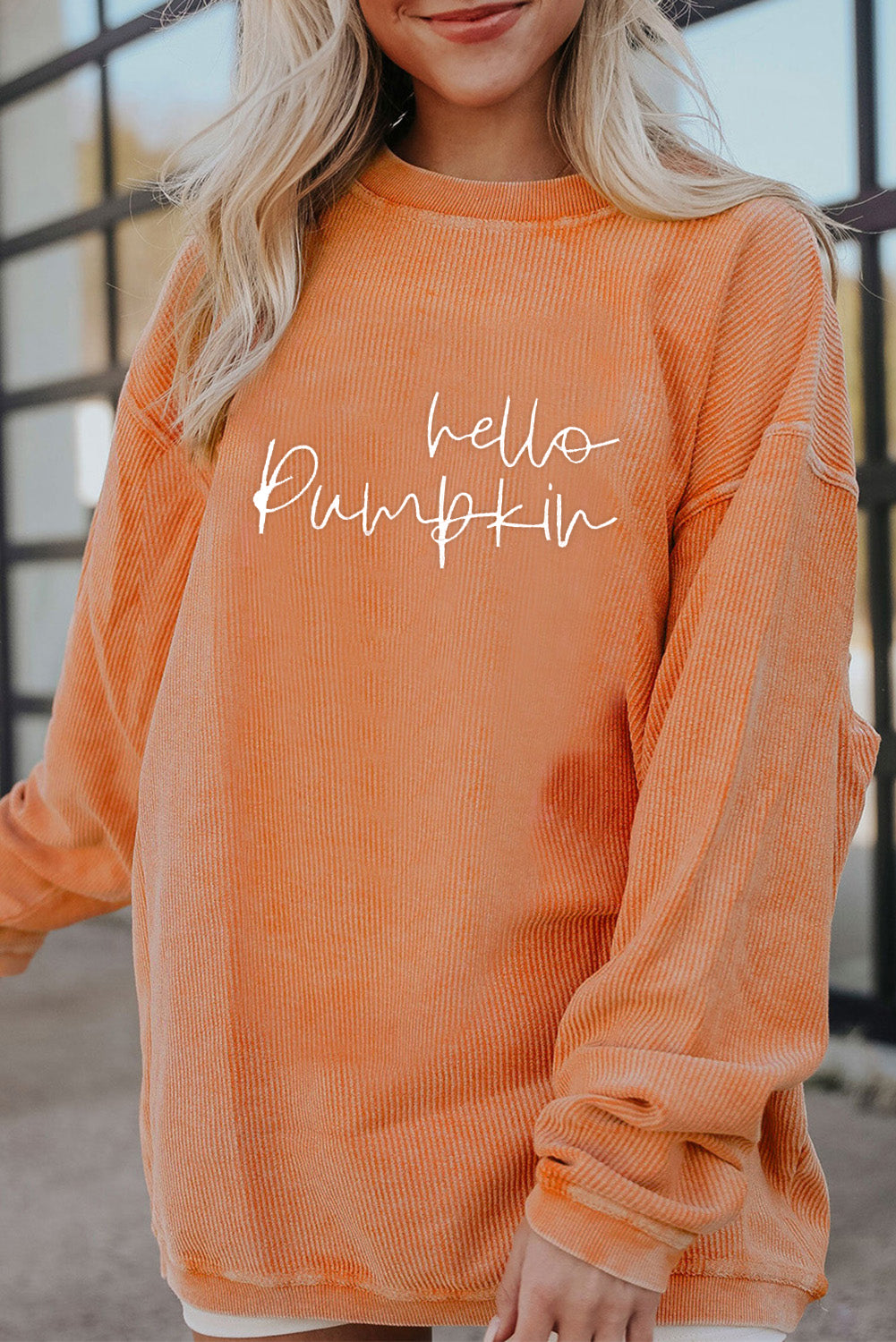 Hello pumpkin Letter Embroidered 3D Ribbed Texture Baggy Sweatshirt