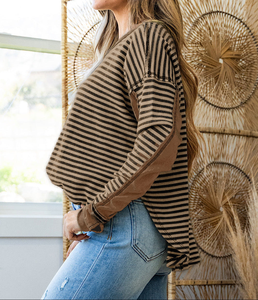 Stripe Thermal Knit Drop Shoulder Casual Top