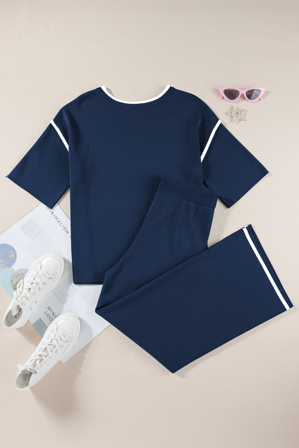 Contrast Trim Half Sleeve Top Drawstring Pants Loose 2pcs Sweater Suit