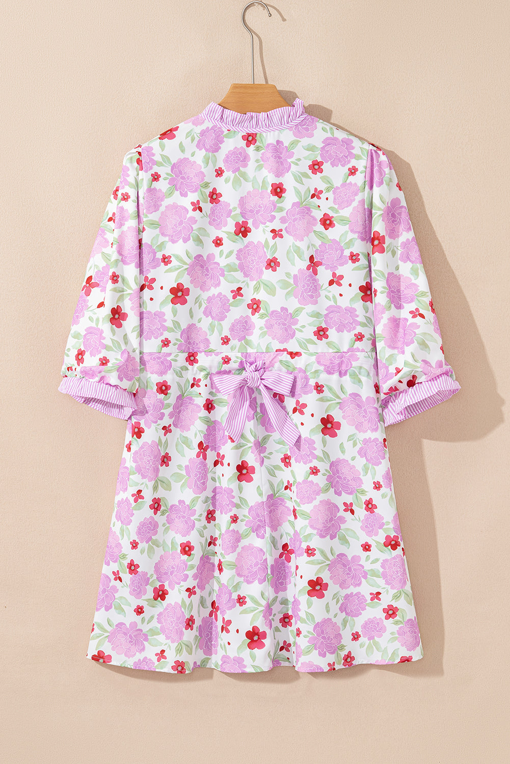 Floral Print Striped Trim Frilled Neck 3/4 Sleeve Flared Mini Dress