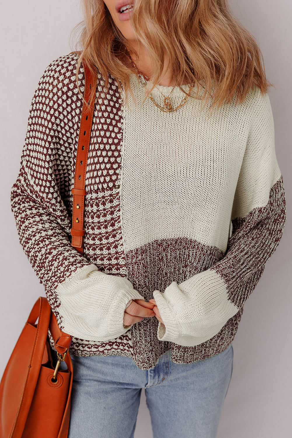 Block Back Tie Drop Shoulder Loose Sweater