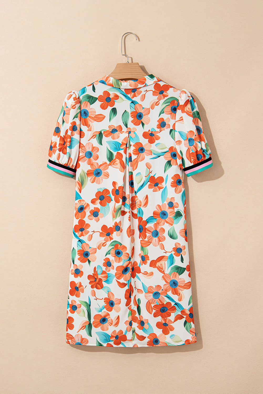 Contrast Trim Floral Split Neck Puff Short Sleeve Tiered Mini Dress