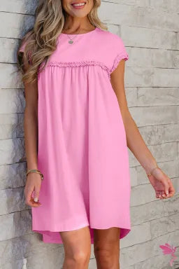 Frilled Trim Crew Neck Loose Fit Mini Dress